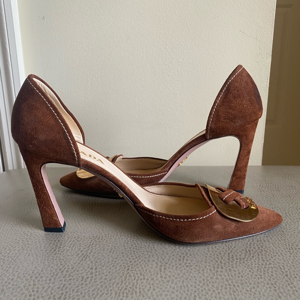 Prada Brown Suede Heels Gold Buckle • FREE SHIP
